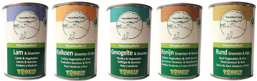 Topfit Hond Delicatesse mix van Gevogelte, Kalkoen, Konijn, Lam en Rund, 15 Blikken à 400gr