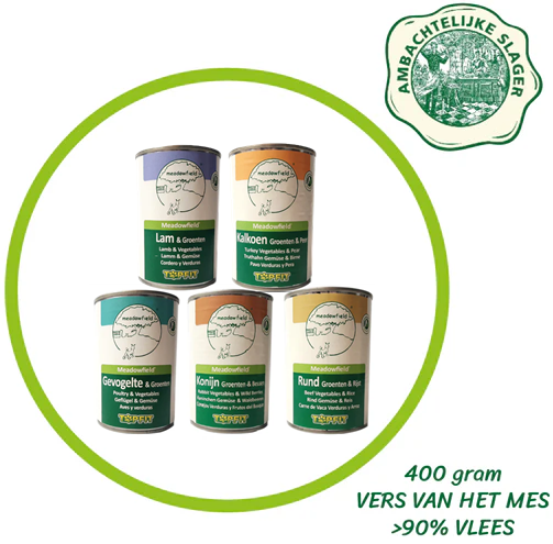 Topfit Hond Delicatesse mix van Gevogelte, Kalkoen, Konijn, Lam en Rund, 15 Blikken à 400gr